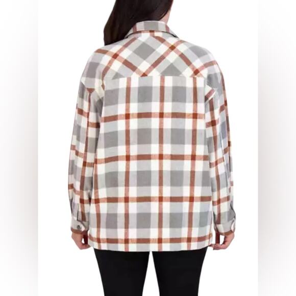 HFX Gray & Brown Plaid Shacket  Relaxed Fit Front Snap Closure Women's Size Med - Picture 2 of 13